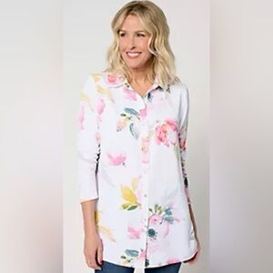 nicole by Nicole Miller Women’s Floral Collared Long‎ Sleeve Boyfriend Tunic L